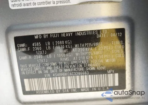 2012 Subaru Outback 2.5I Limited z USA, uszkodzony, nr VIN 4S4BRBKC6C3286663